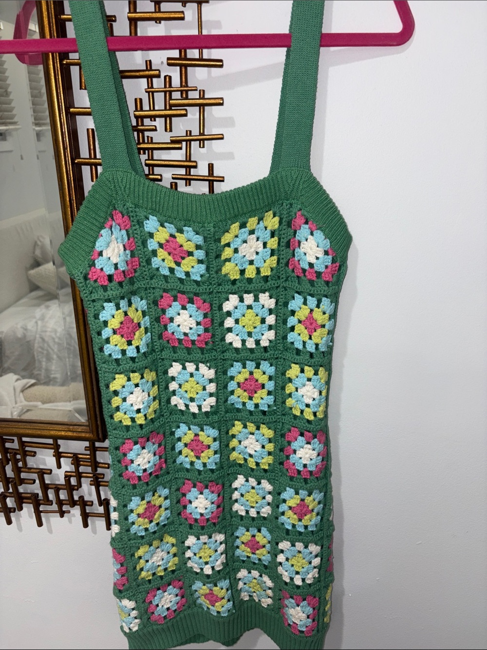 Design History Green Crochet Sundress with Multicolor Granny Squares